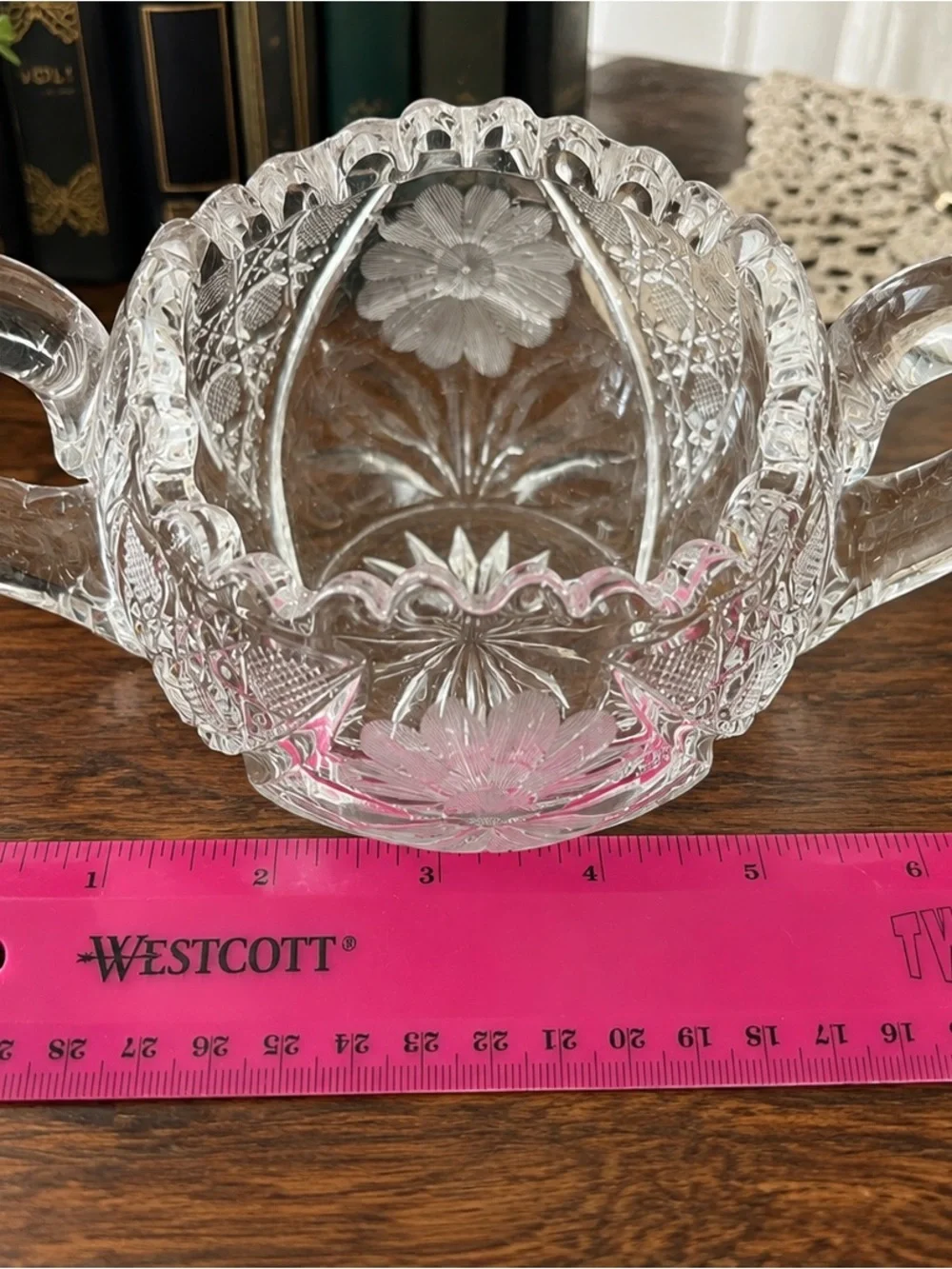 Vintage Clear Pressed Glass Double Handle Sugar Bowl Open Rose Pattern